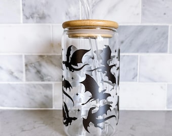 16オンス ドラゴンガラスカップ、竹蓋とガラスストロー付き