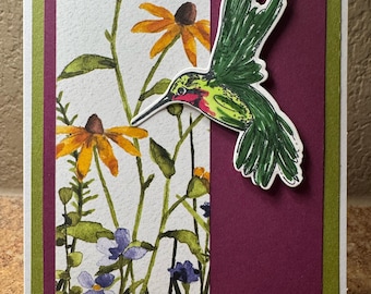 Hummingbird Card with Flowers, Blank Inside