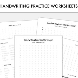 May include: Black and white printable handwriting practice worksheets for kids. The worksheets include lowercase letters, uppercase letters, numbers, days of the week, and months of the year.