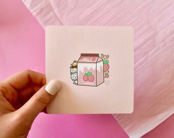Kawaii Strawberry Milk Print, Japanese Strawberry Milk, Strawberry Milk Stationery, Kawaii Art Cafe, Cute Art, Strawberry Milk Shop, Summer
