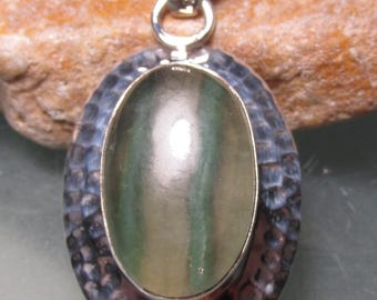 Cabochon banded green fluorite Silver 925 hammered design Pendant.