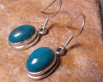 Silver 925 teal chrysocolla stone dangle design Boho earrings.