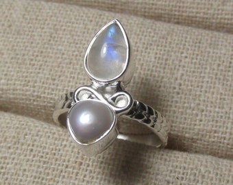 Rainbow Moonstone & Pearl 925 Silver Ring size 5.75/L. Handmade Boho Ideal Gift.