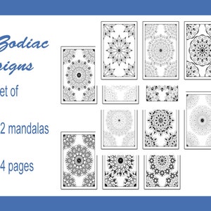 Mandala coloring 24 page, 12 mandalas for coloring, Zodiac signs, relax