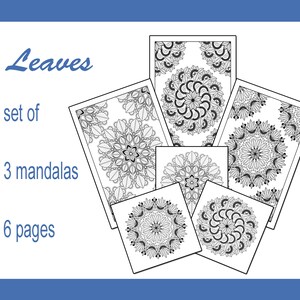 Mandala coloring page, 6 pages for coloring, Leaves, relax