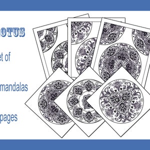 Mandala coloring 7 page, 3 mandalas for coloring, mandala with lotus, relax