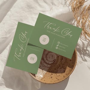 Cartão de agradecimento para envio de pequenas empresas verde editável | Cartão de encarte minimalista | Nota de agradecimento ao cliente | Modelo digital Canva