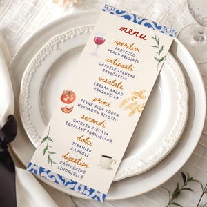 Menu italien pour le dîner d'été | Menu de mariage coloré sur le thème de l'Italie | La Dolce Vita | Modèle sur toile Ciao Bella Bridal Shower 4 x 9 02