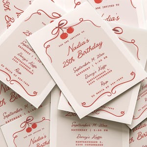 Convite de aniversário de 25 anos com tema de cereja digital | Convite para festa com laço e cereja | Coquette Berry Bday | Cereja no topo | Modelo editável do Canva