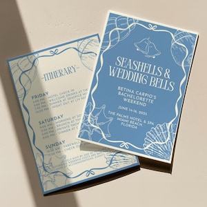 Itinerario de despedida de soltera con conchas y campanas de boda / Invitación a despedida de soltera en la costa azul / Abuela en un club de playa sureño / Plantilla de Canva