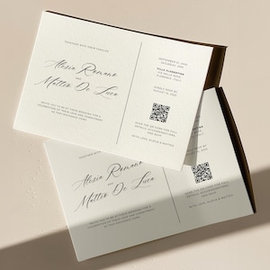 May include: Two cream-colored wedding invitation cards featuring black text in a mix of script and serif fonts. The cards include the names Alesia Romano and Matteo De Luca, event details for September 21, 2025, in Florence, Italy, and a QR code.