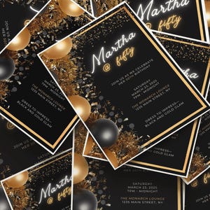 Digital 50th Birthday Invitation | Golden Birthday Invite | Gold & Black Tie Glam | Hello Fifty Party For Her / Him Evite | Canva Template