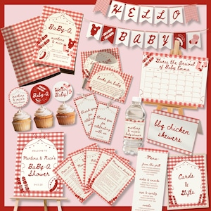 May include: A BaBy-Q baby shower party kit featuring red and white gingham patterns. Includes invitations, a Hello Baby banner, cupcake toppers, a Guess the Arrival calendar, thank you tags, a water bottle label, menu cards, and game cards.