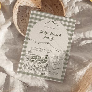 Invito per baby brunch in giardino digitale / Invito per baby shower con granelli disegnati a mano / Rivelazione del sesso a quadretti / Genere neutro / Modello Canva