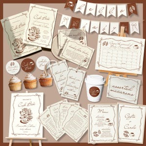 May include: A collection of Cafe Bibi themed baby shower stationery including invitations, a welcome sign, menu cards, gift tags, cupcake toppers, a diaper raffle card, a books for baby card, a calendar, and a white paper coffee cup with a logo.