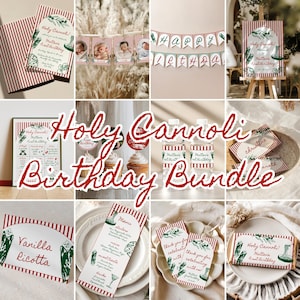 Pode incluir: Uma coleção de artigos para festas com um tema de listras vermelhas e brancas, incluindo convites, banners, toppers de cupcake, rótulos de garrafas de água e cartões de lugar. O texto "Holy Cannoli! Matteo's First Birthday" é apresentado.