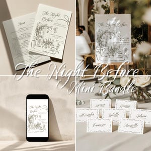 Op de afbeelding: Een mini-bundel trouwbriefpapier met een zwart-wit schetsontwerp. Bevat menu's, een welkomstbord, naambordjes en een telefoonmodel, allemaal met de tekst "The Night Before."