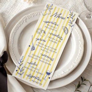 Karta menu włoskiej letniej kolacji | Kolorowe menu weselne o tematyce włoskiej | Urodziny La Dolce Vita | Szablon Canva 4x9 na wieczór panieński Ciao Bella