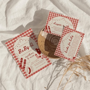 Baby Q Babyparty einladen Set | Bbq Grill Baby Streusel | Garten-Grillparty | Windelbuch Dankeschön-Karte Canva Template