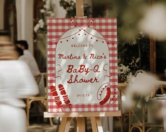 Rood Welkomstbord Baby Q Babyshower | Bbq-grill babystrooisel | Poster tuin barbecuefeest achtertuin | Gender Reveal-canvasjabloon - nico