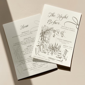 May include: Two off-white wedding menu cards. The card on the right has the text "The Night Before" and a sketch of a table setting. The left card says "Menu" and lists Italian dishes. The cards are for a rehearsal dinner.