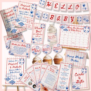 Gravid och babyshowerfestpaket vid poolen | Poolfest Babyströssel | Sommarstrandtema | Randigt Spritz | Canva-mall Jessica