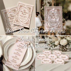 May include: A bridal shower stationery bundle featuring cream-colored paper with copper-toned floral borders and elegant script text. The set includes invitations, a welcome sign, a menu card, and place cards with names like Miranda and Catherine.