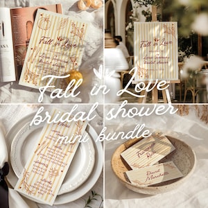 May include: A bridal shower stationery bundle featuring yellow and white vertical stripes with brown text and botanical illustrations. The set includes an invitation, a welcome sign, a menu card, and place cards with the text Fall in Love.