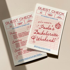 May include: Two rectangular paper invitations styled as guest checks with red and blue text. The cards feature a grid pattern, a disco ball, and a martini glass illustration. Text includes GUEST CHECK, Paula's Bachelorette Weekend, and itinerary details for Friday, Saturday, and Sunday.
