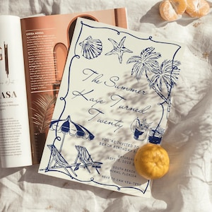 May include: A beach-themed invitation with the text "The Summer Kaye Turned Twenty" in script. The design includes illustrations of seashells, palm trees, beach chairs, and cocktails. A lemon and a magazine are also visible in the image.