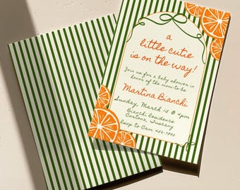 Een klein schatje is onderweg babyshoweruitnodiging | Sinaasappel-citrus babystrooisel | Lil Cutie Gender Reveal Canva-sjabloon met strepen strik - bianchi