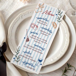 May include: A vertical menu card with light blue vertical stripes, featuring the text Menu, aperitivi, insalata, primi, secondi, dolci, and digestivi. It includes illustrations of lemons, tomatoes, pasta, and wine, printed on white cardstock.