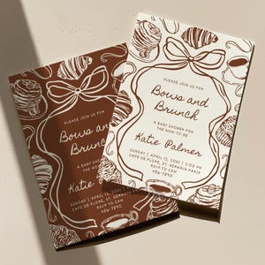 May include: Two baby shower invitations with a brown and cream design. The invitations feature the text "Bows and Brunch" and include illustrations of pastries, bows, and coffee cups. The invitations are for Katie Palmer.