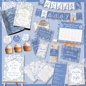 May include: A collection of baby shower decorations in shades of blue and white, featuring seashell and starfish designs. Includes invitations, banners, cupcake toppers, and a calendar. The text reads "Sea You Soon, Baby!" and "Hello Baby!"