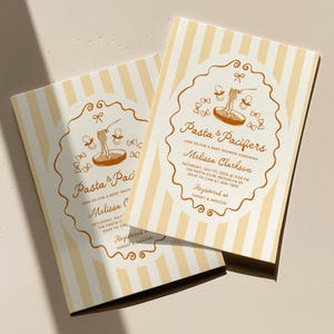 Convite para Chá de Bebê com Tema de Macarrão e Chupetas | Chá de Bebê com Espaguete | Festa Italiana com Farfalle e Chupetas | Ciao Baby | Modelo Canva Melissa