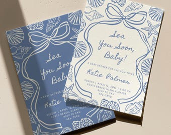 Sea You Soon-babyshoweruitnodiging | Blauwe kustbabystrooisel | Strandthema gender Reveal nautische zeeschelp jongen meisje canvassjabloon - katie