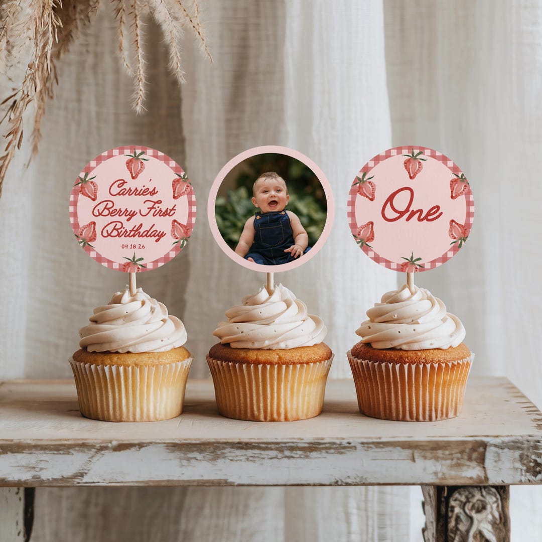 Berry First Birthday Cupcake Topper Round | Strawberry Gingham 1st Bday ...