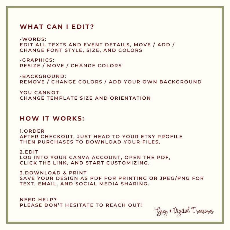 Op de afbeelding: Een beige digitale productinformatieblad met zwarte tekst en een groene rand. De tekst bevat "Wat kan ik bewerken?" en "Hoe het werkt:" met instructies over bewerken, downloaden en afdrukken. De Etsy shopnaam "Grey + Digital Treasures" staat rechtsonder.