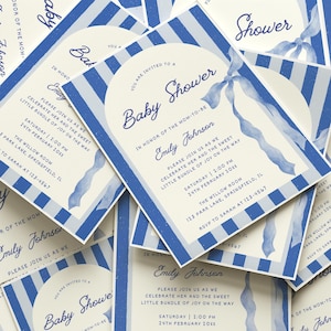 Blauwe uitnodiging voor babyshower | Uitnodiging babystrooisel met strik | Gender-onthullingsfeest lint | Toile De Jouy | Coquette-thema | Canvassjabloon