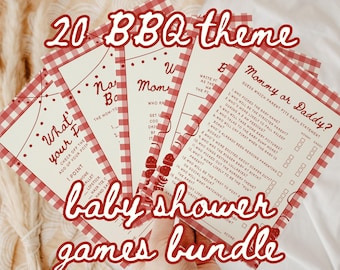 Bundel met 20 babyshowergames met barbecuethema | Baby Q activiteitenpakket babystrooisel | Achtertuin Tuin Barbecue Grill Party | Canvassjabloon nico