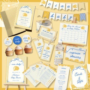 Könnte beinhalten: Eine Sammlung von Babyparty-Papeterie mit Zitronen-Thema. Enthält Einladungen, Cupcake-Topper, Etiketten, ein Banner, einen Kalender und eine Speisekarte. Das Farbschema ist gelb, weiß und blau, mit dem Text "Ciao Baby!".