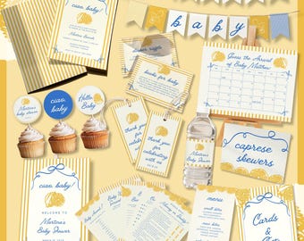 May include: A baby shower stationery set featuring yellow and white stripes, lemon illustrations, and blue cursive text. Includes invitations, a calendar, cupcake toppers, favor tags, a water bottle label, game cards, a menu, and a banner reading ciao baby.