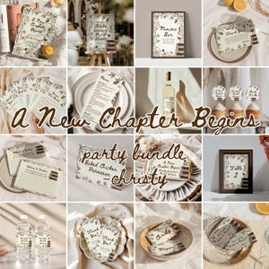 Peut inclure: Ensemble de fournitures de fête avec un motif floral et rayé. Les articles comprennent des invitations, des menus, des cartes de table, des étiquettes de bouteilles d'eau et des panneaux. Le texte comprend "A New Chapter Begins", "Christy Simmons Bridal Shower", et "Mimosa Bar".