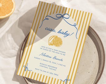 Ciao-babyshoweruitnodiging | Uitnodiging voor babyshower met Italiaans thema | Sjabloon citroen babystrooisel citrus strik Bella bambino canvas CBSG42