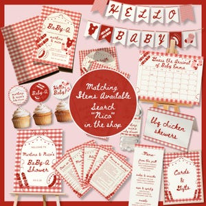 Op de afbeelding: Een verzameling baby shower decoraties met een rood en wit ruitpatroon. Inclusief uitnodigingen, banners, cupcake toppers, een kalender en een menu. Het thema is een Baby-Q shower.