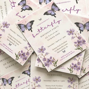 Invitation thème papillon de <br> Liste d'envies Vous avez des idées ? Invitation florale de papillon pour le premier anniversaire | Modèle sur toile Notre petit papillon violet d'un an