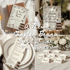 May include: A collection of bridal shower stationery, including invitations, a welcome sign, menu cards, and place cards. The designs feature floral accents and the text "A New Chapter Begins" and "Christy Simmons Bridal Shower."
