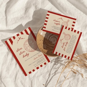 Slice Slice babyshower-uitnodiging | Handgetekende pizza thema baby strooi uitnodiging | Feestset met bedankkaarten voor loterijboeken | Canvassjabloon