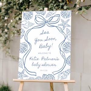 Letrero de bienvenida para baby shower "Sea You Soon" / Póster con salpicaduras de bebé de temática costera azul / Plantilla de Canva con temática playera náutica para revelar el género - katie