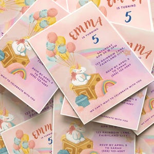ユニコーンの誕生日招待状 | デジタル水彩パステルパーティー招待状 | レインボーパーティー | カラフルなキッズパーティーカード | 編集可能なCanvaテンプレート